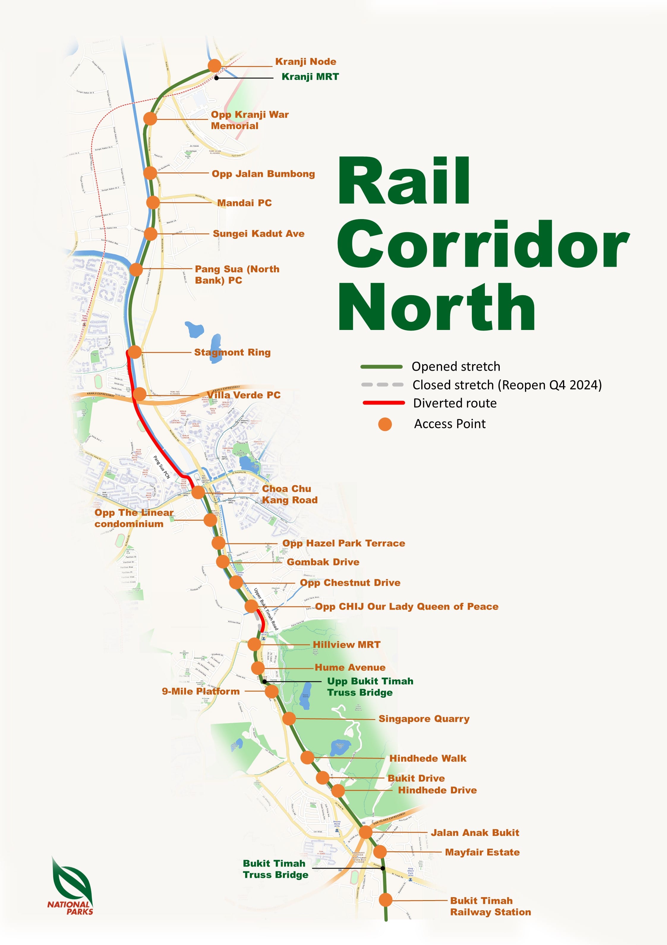 Map showing Rail Corridor North with open, closed, and diverted routes, marked access points, and key locations labeled.